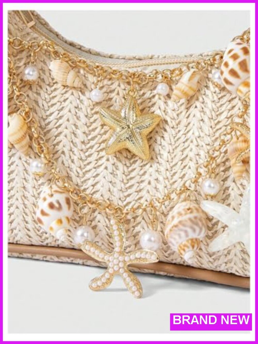 Straw Beach Purse Seashell Beaded Shoulder Handbag Summer Vacation Bag - Picture 4 of 5